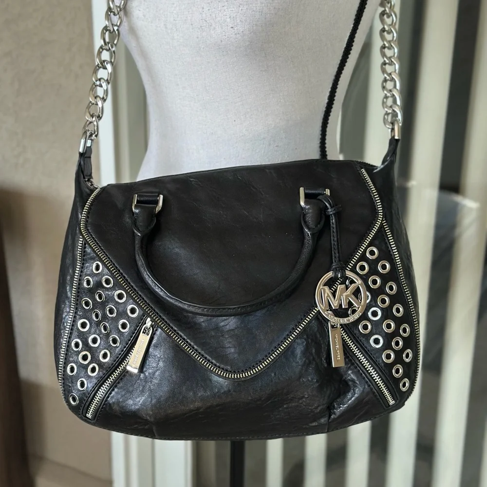 Michael Kors Odette Grommet Large Black Satchel with Silver Accents